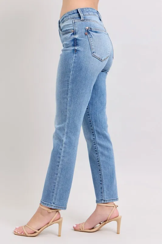 Blue Full Size Mid Rise Vintage Wash Slim Jeans with Cell Phone Pocket Plus Size