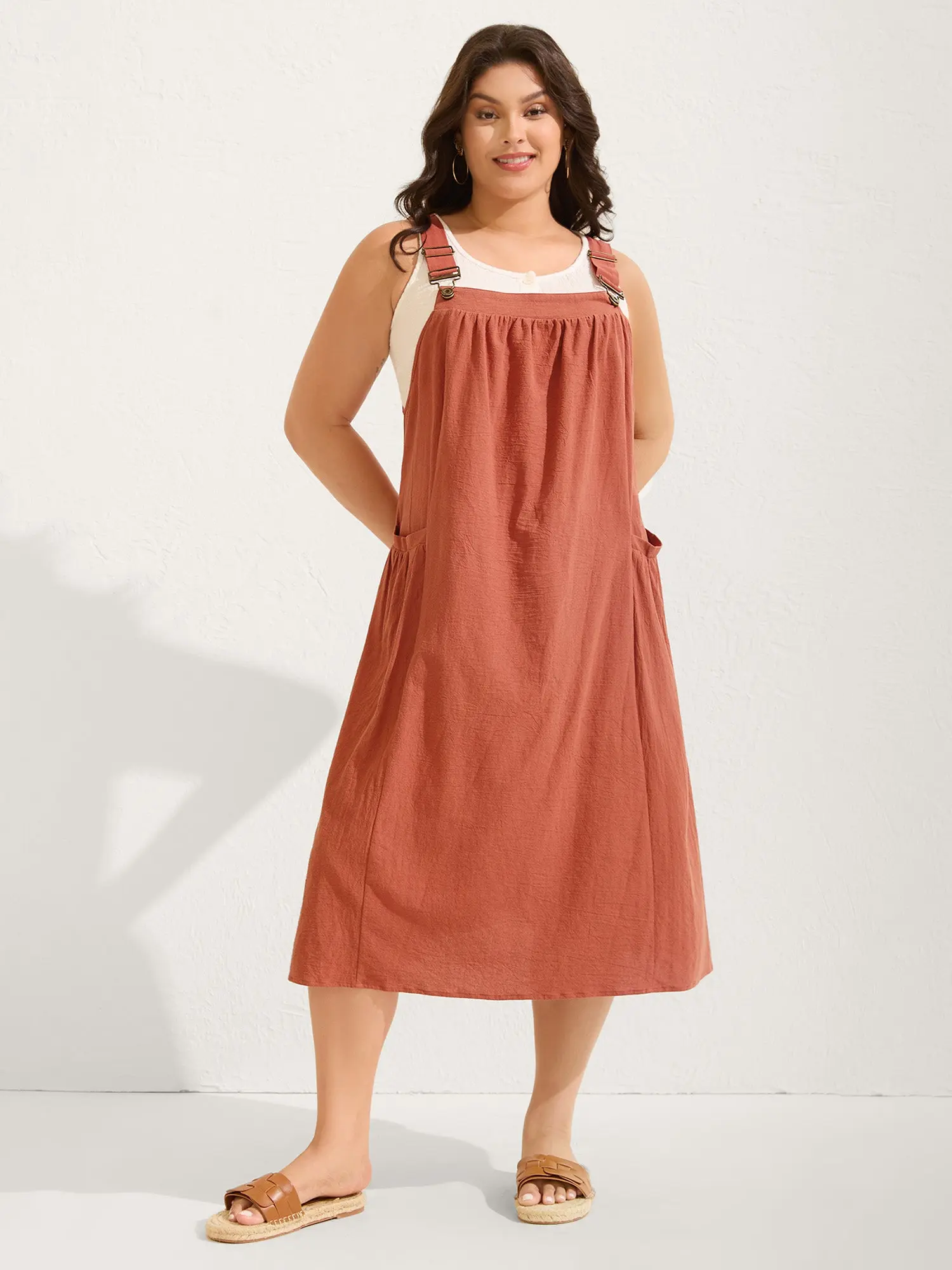 [M-6X] Cotton Pinafore Overall Dress Sleeveless with Square Neckline  Adjustable Strap and Pleated Pockets Breathable Midi Length Side Seam Plus Size Minimalist 2026 Summer Pick for Mother's Day