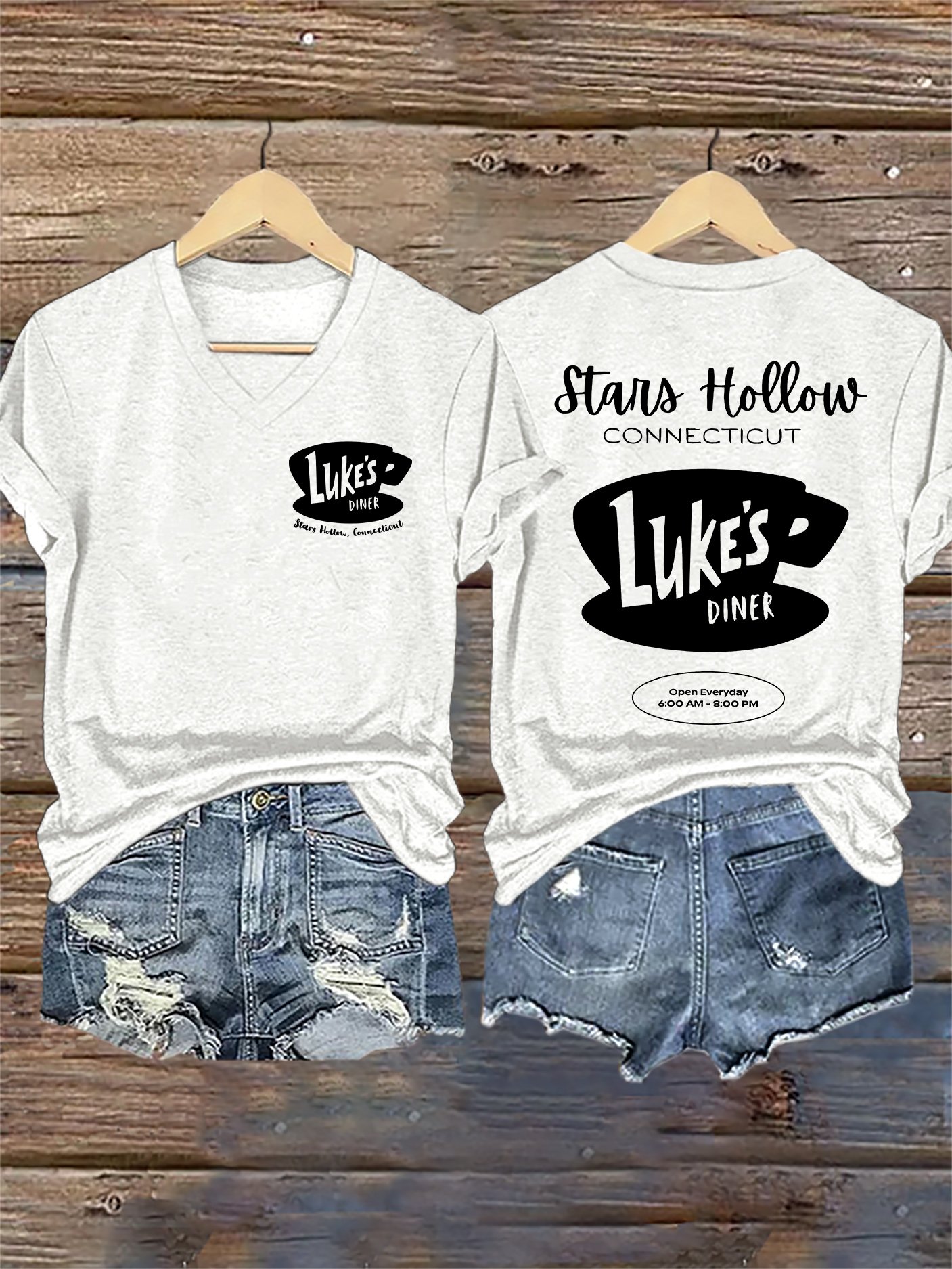 🔥HOT SALE🔥V-Neck Retro Fall Luke’s Diner Stars Hollow, Connecticut Stars Hollow Connecticut Luke’s Diner Open Everyday 6:00 Am – 8:00 Pm Print T-Shirt