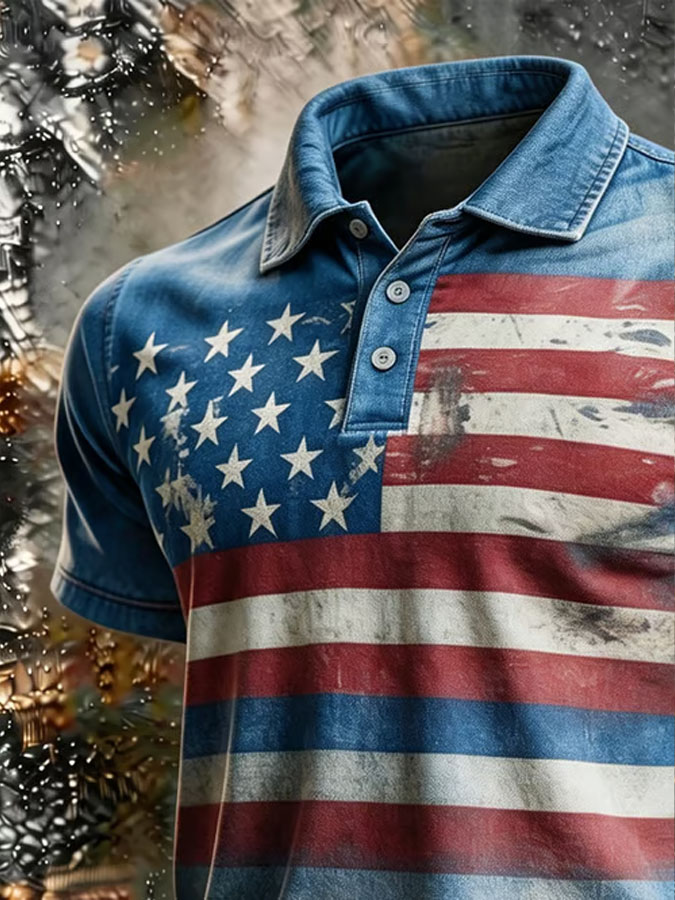 Men'S America Flag Print Casual Polo Shirt