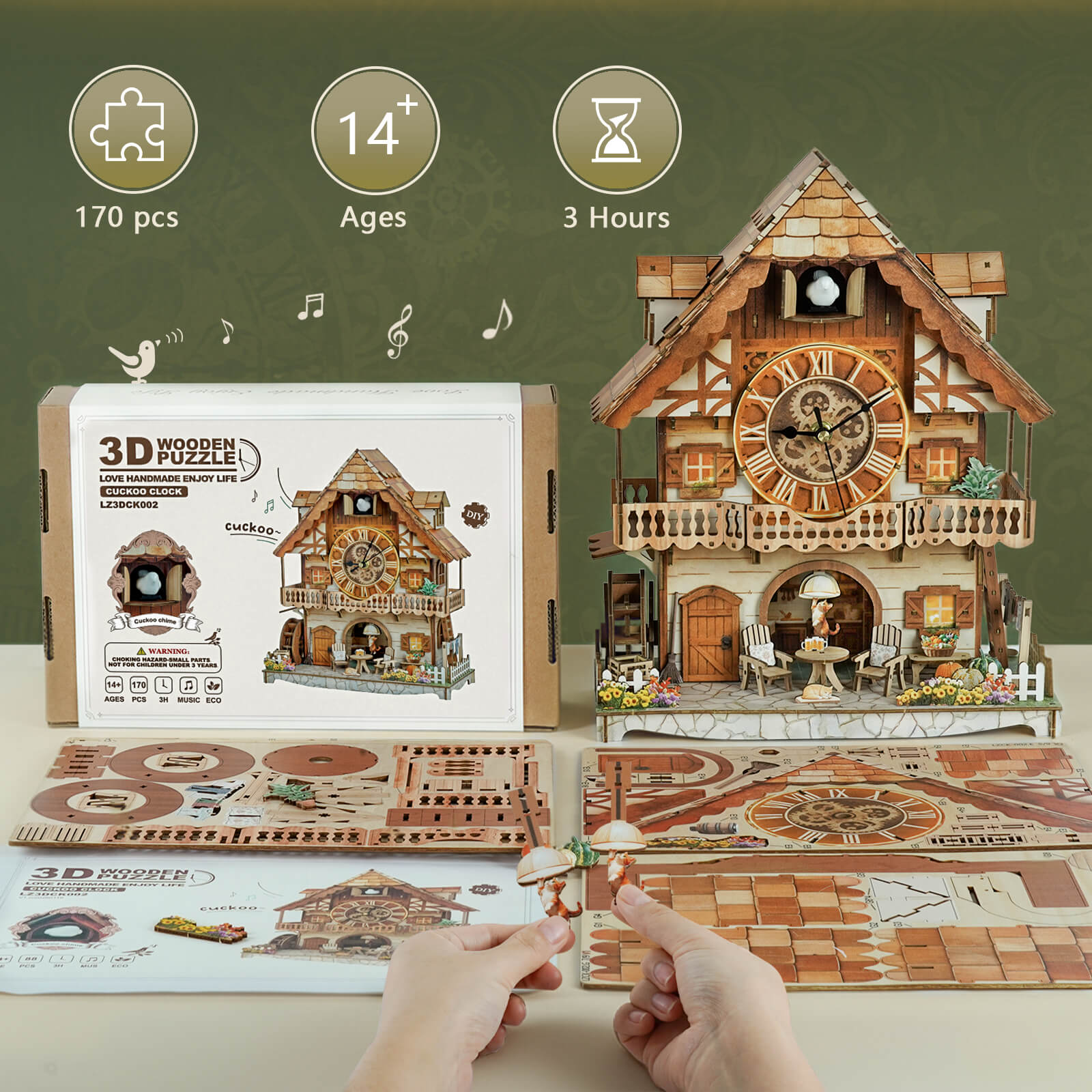 Cuckoo Calling German Cottage DIY Wood Clock, 3D Puzzle Kit