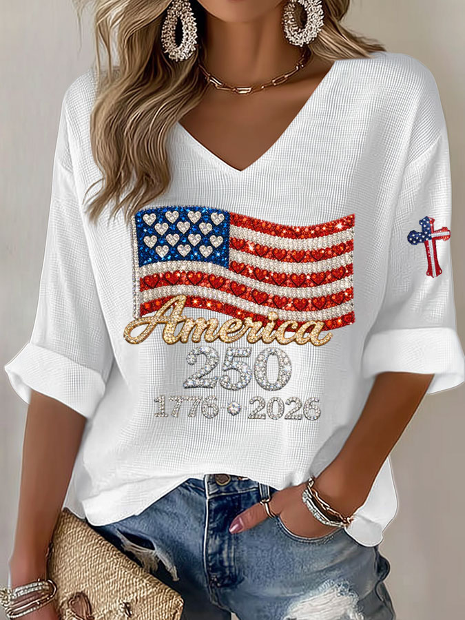Women's American Flag Printed Casual Waffle Long Sleeve T-shirt