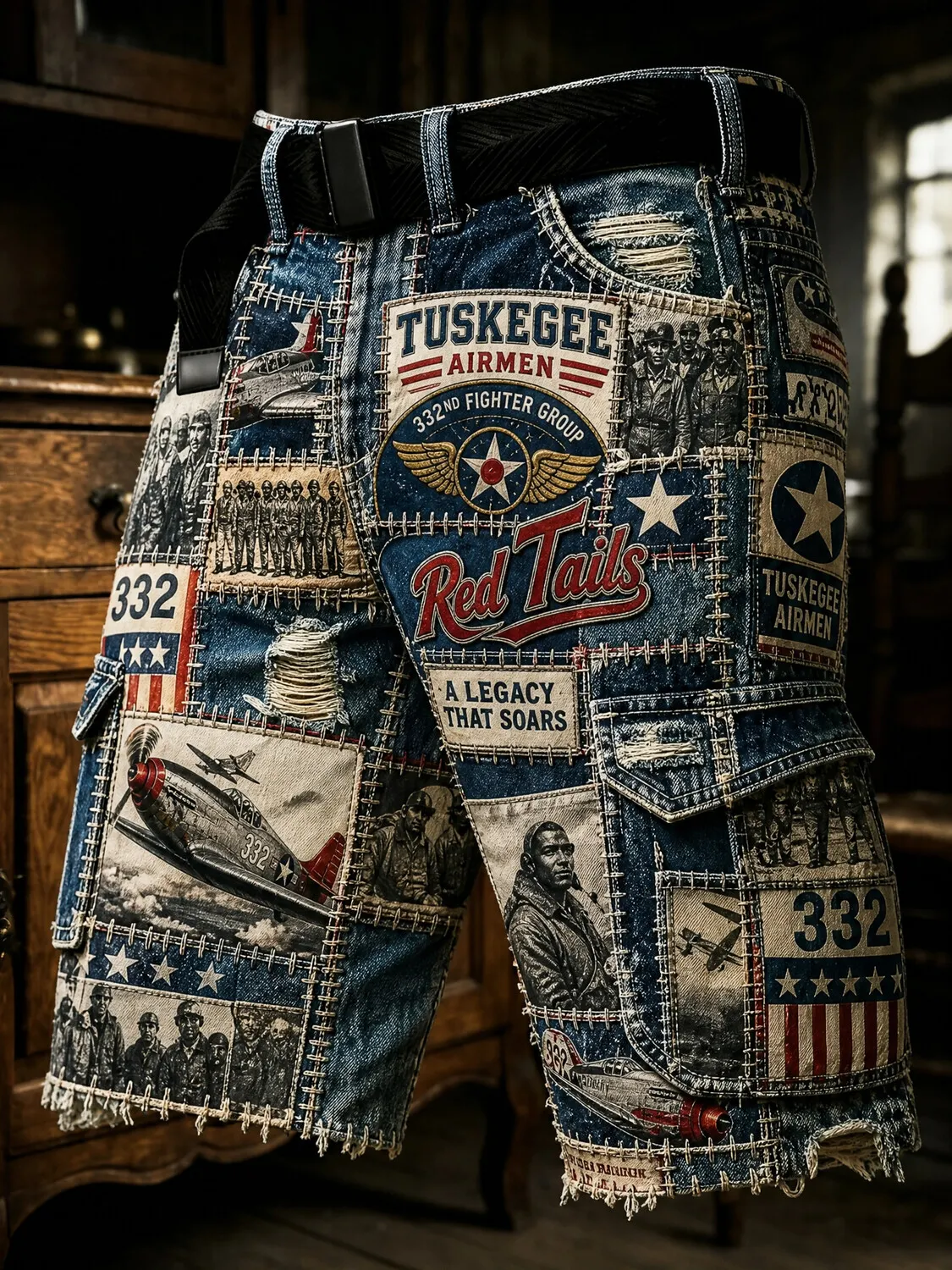 Men's Skegee Airmen Red Tails 332 Fighter Group Geometric Patchwork Print Cargo Shorts