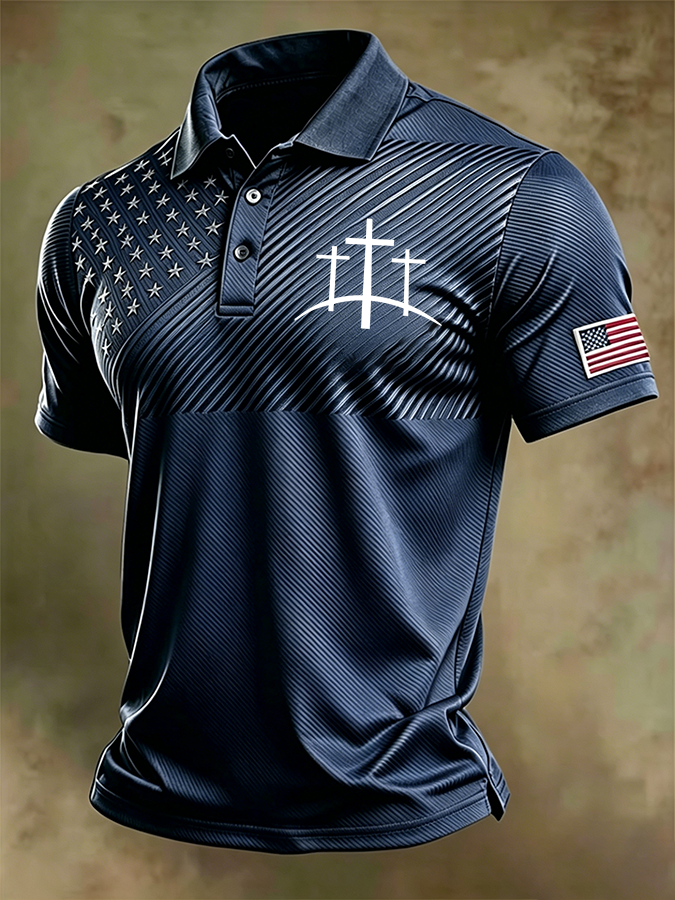 Men'S Retro National Flag And Cross Print Print Casual Polo Shirt