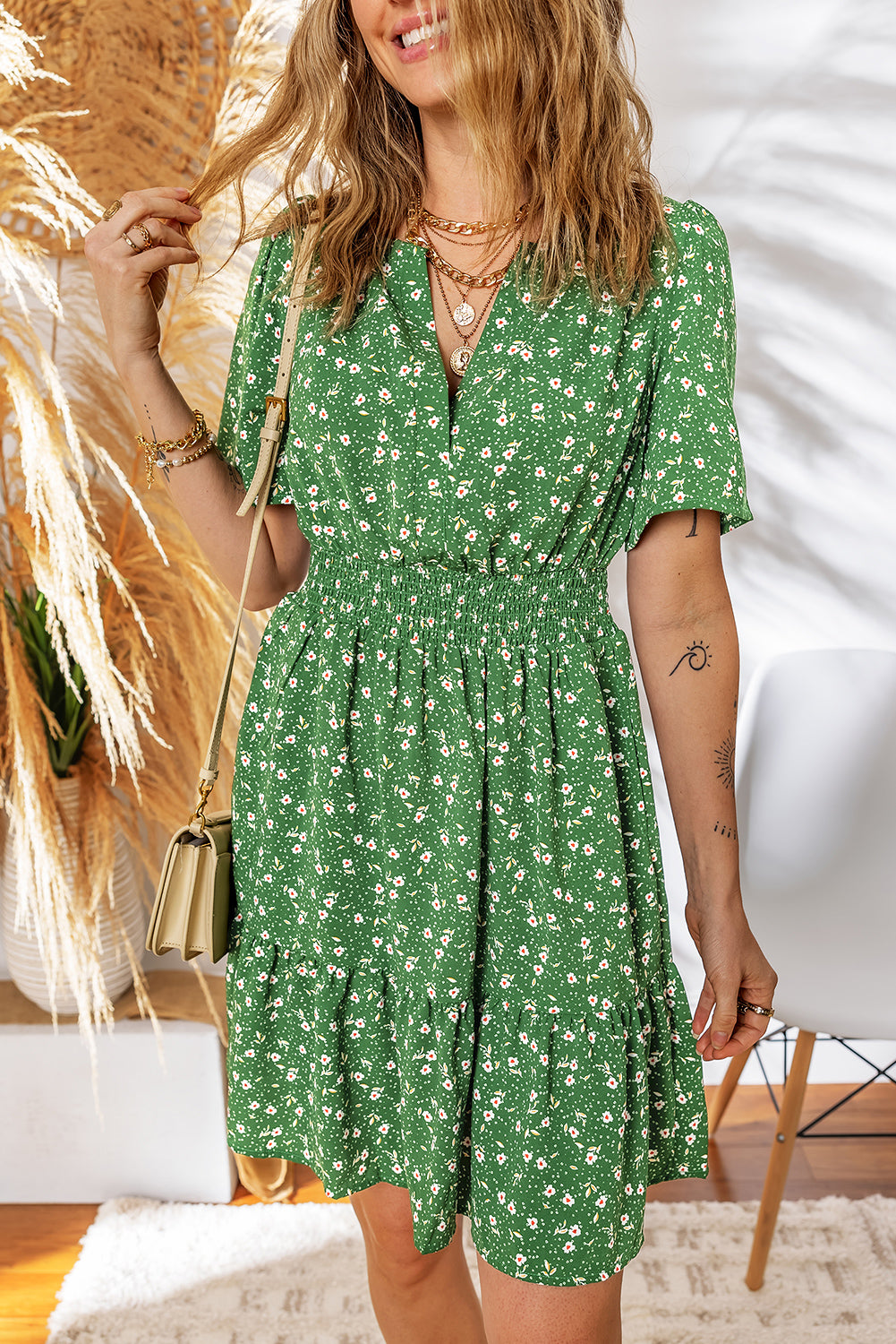 Black Floral Print Wrap V Neck Short Sleeve High Waistband Mini Dress