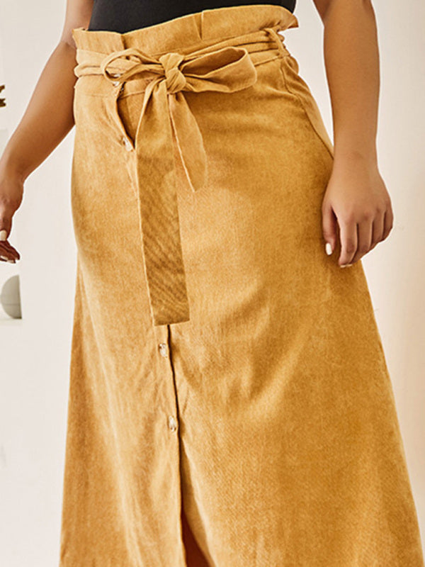 Plus Size Slim High Waist Corduroy Belt Single Breasted A Line Skirt
