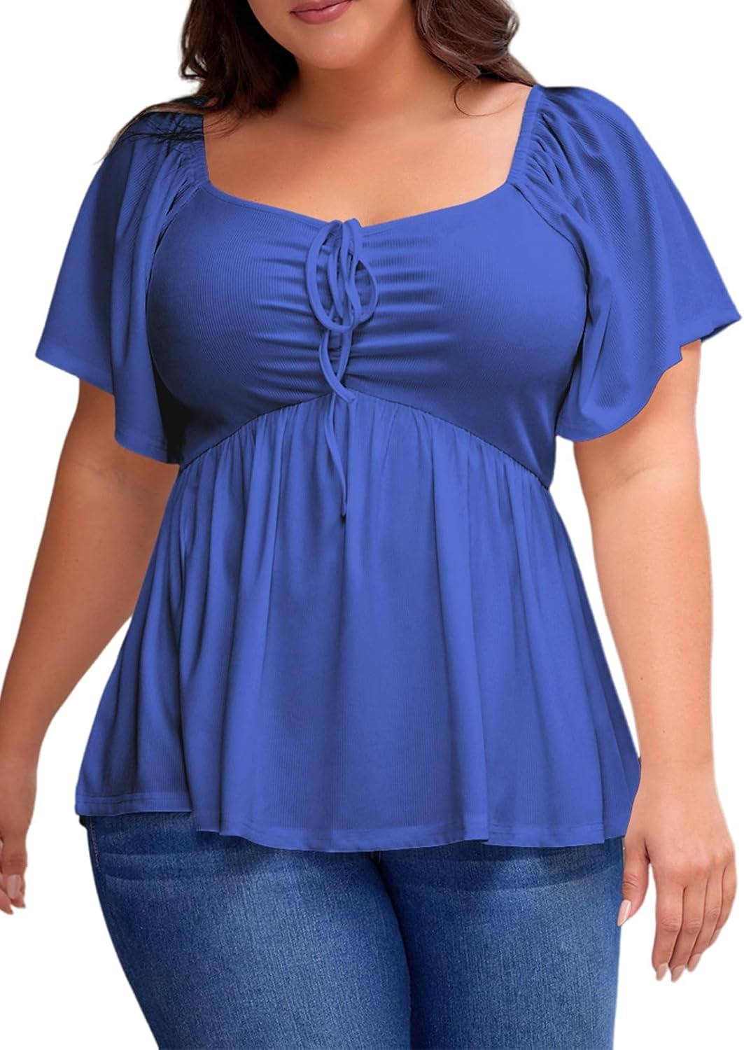 Womens Plus Size Tops Short Sleeve Sweetheart Neck Shirred Peplum Blouse Shirts