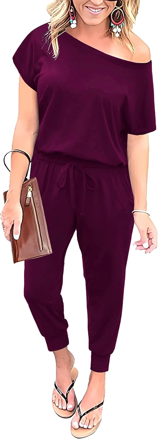 Summer Jumpsuit Rompers Off Shoulder for Women with Pockets Casual Elastic Waist