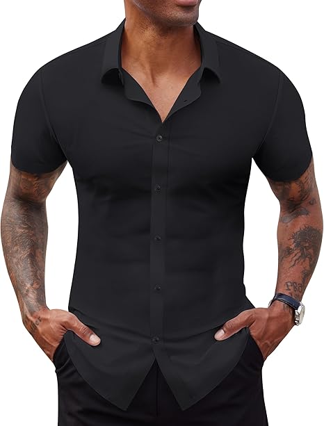 Stretch Dress Shirts for Men Short Sleeve Slim Fit