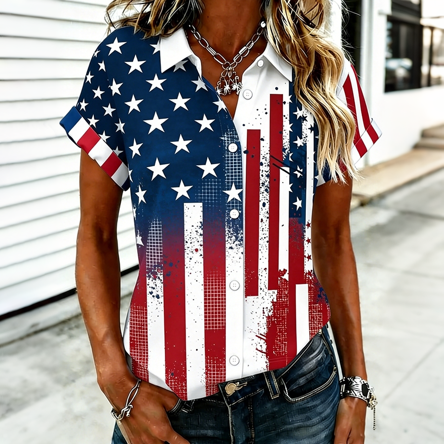 Women's Distressed American Flag Color Block Button Down Shirt