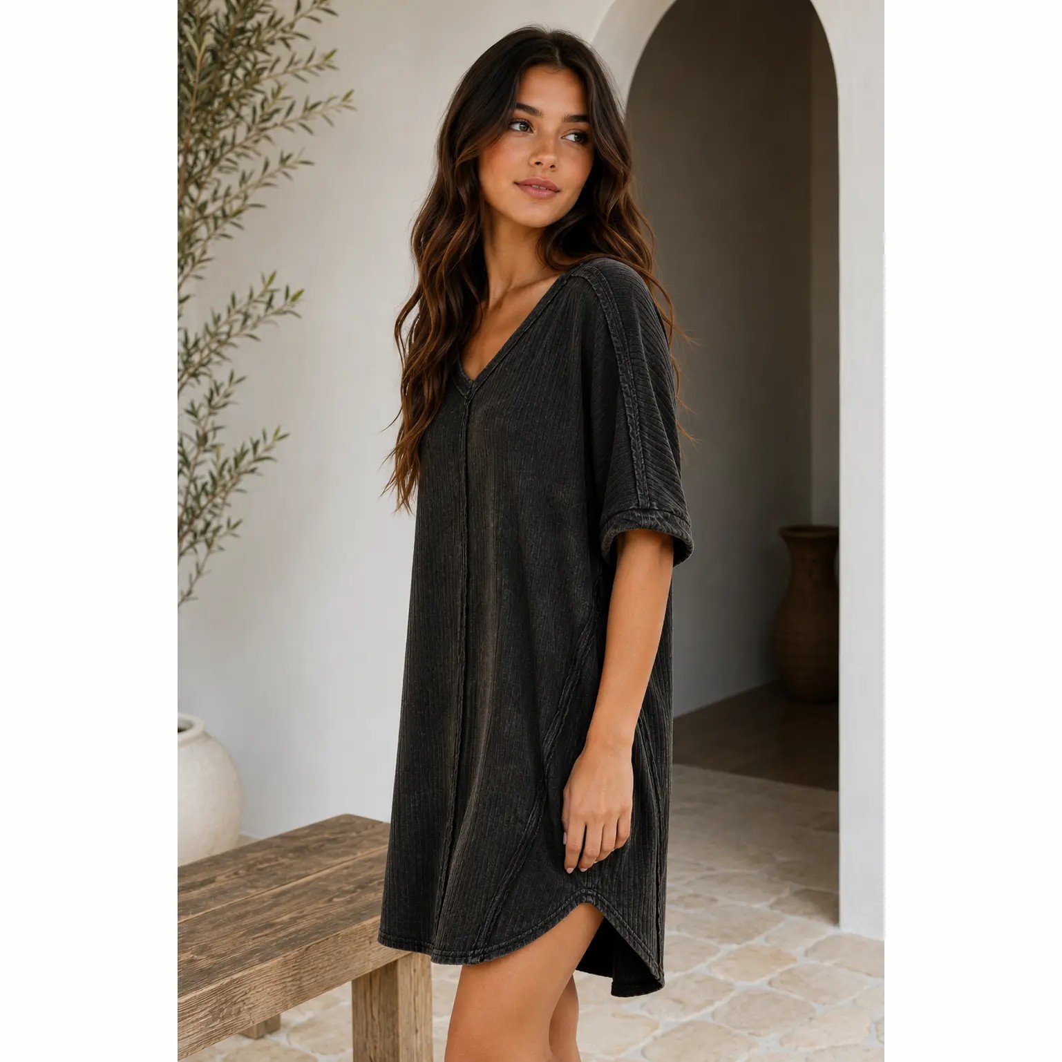 🌸 Ribbed Acid-Washed Casual Midi Dress