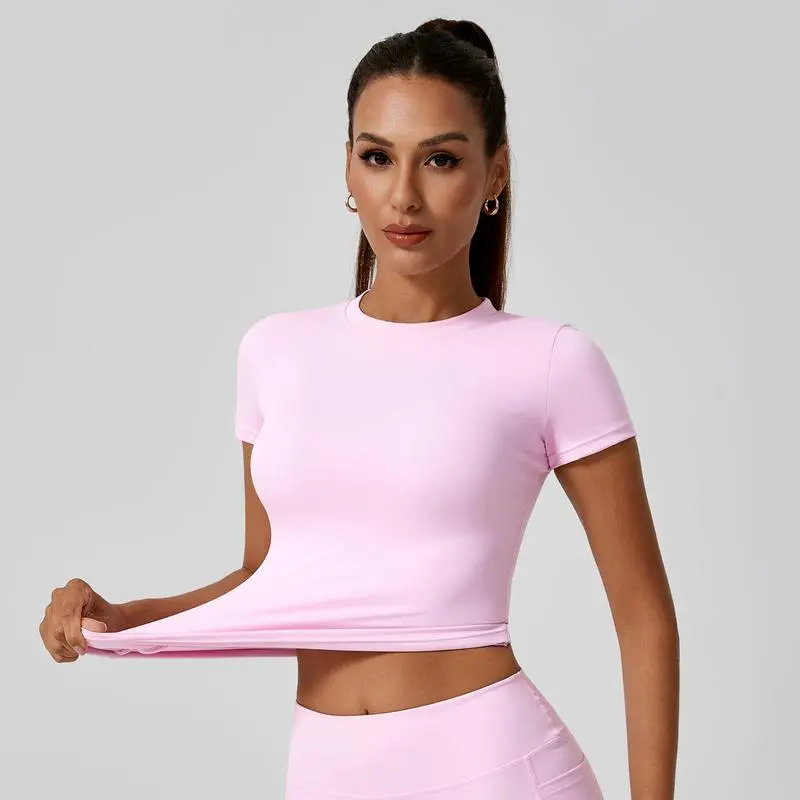 Solid color sports T-shirt set, crew neck, slim fit, stretchy style