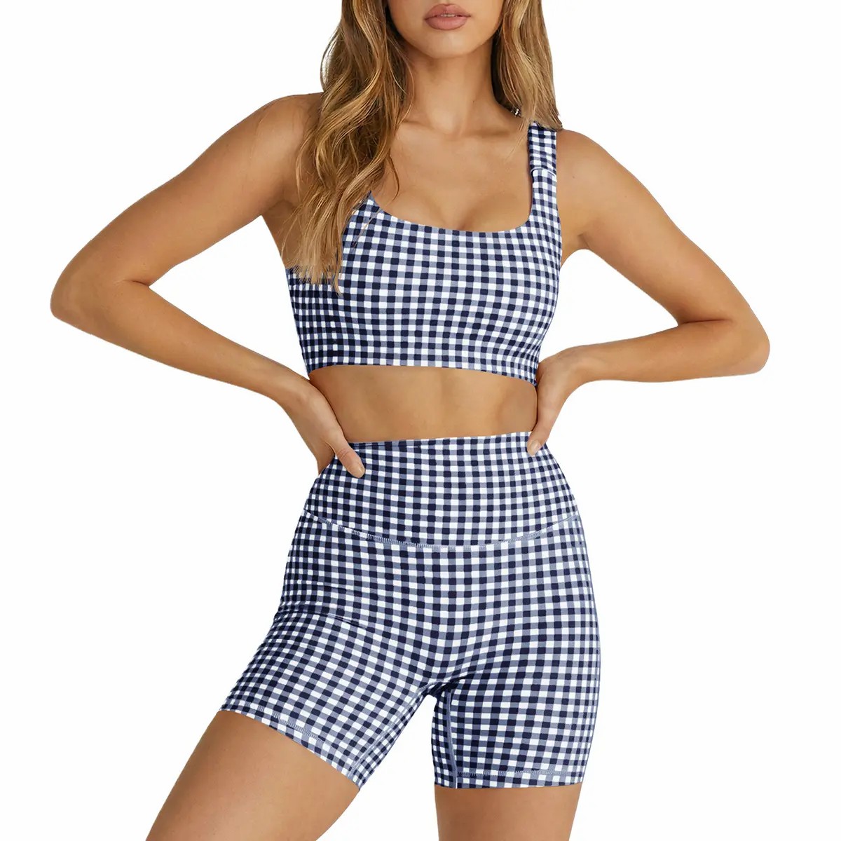 Women's 2-Piece Athleisure Set – Padded Open Back Gingham Crop Tank & High Waisted Seamless Shorts