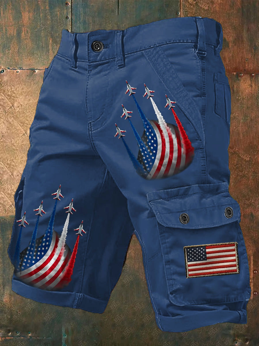 Men's Independence Day American Flag Jet Planes Print Casual Cargo Shorts