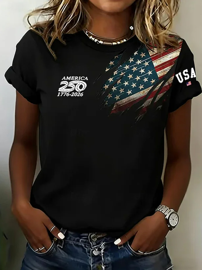 Women'S Independence Day (National Flag) Short Sleeved T-Shirt Round Neck Printed Casual Top