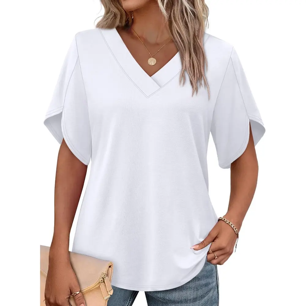 Womens Short Sleeve V Neck Dolman Tops with Side Shirring Loose Fit Shirts
