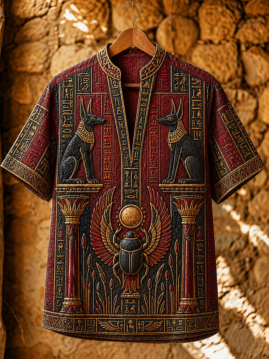 Men’s Ancient Egyptian Anubis Scarab Short Sleeve Henley Shirt