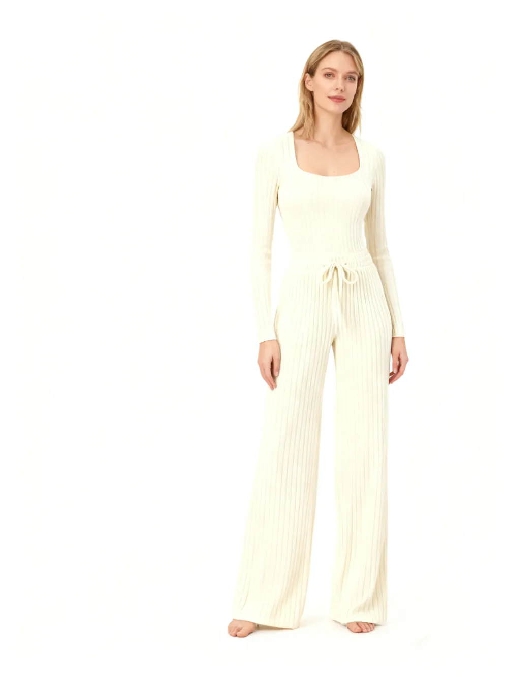 Women's Slim-Fit Solid Color Ribbed Fleece Jumpsuit Set