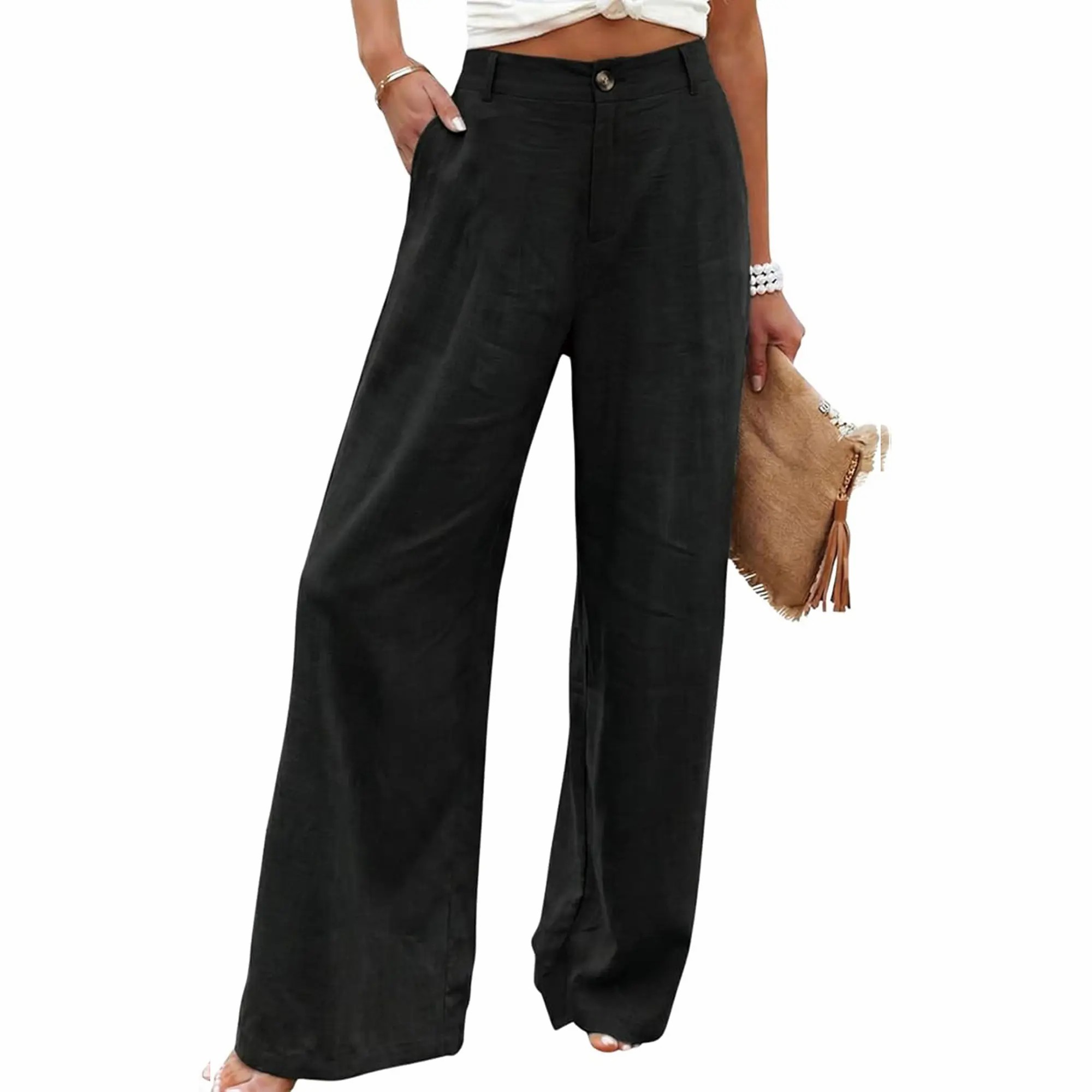 Women's High Waisted Wide Leg Linen Pants – Casual Button Up Cotton Trousers