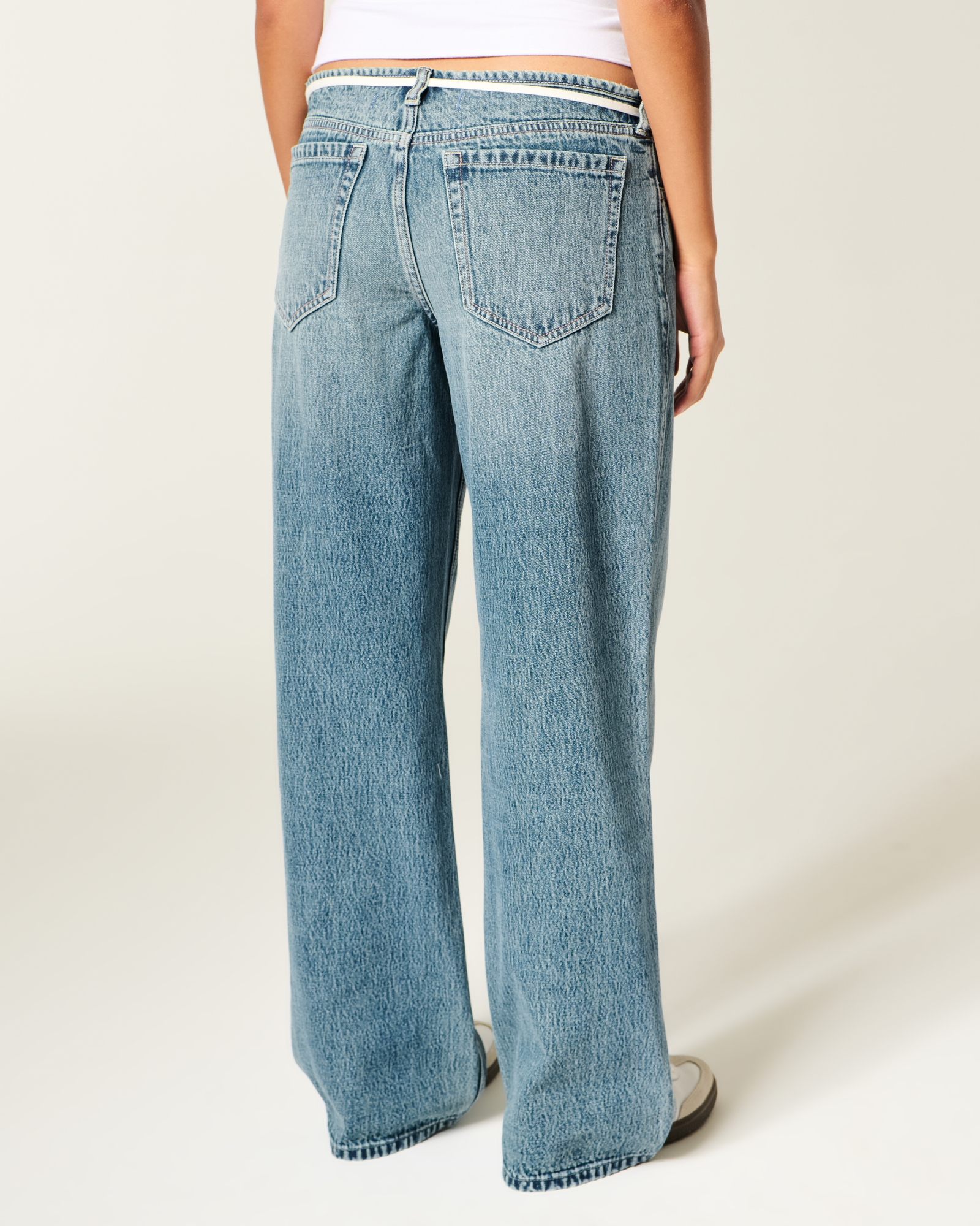 Ultra Low-Rise Light Wash Buckle Back Baggy Jeans