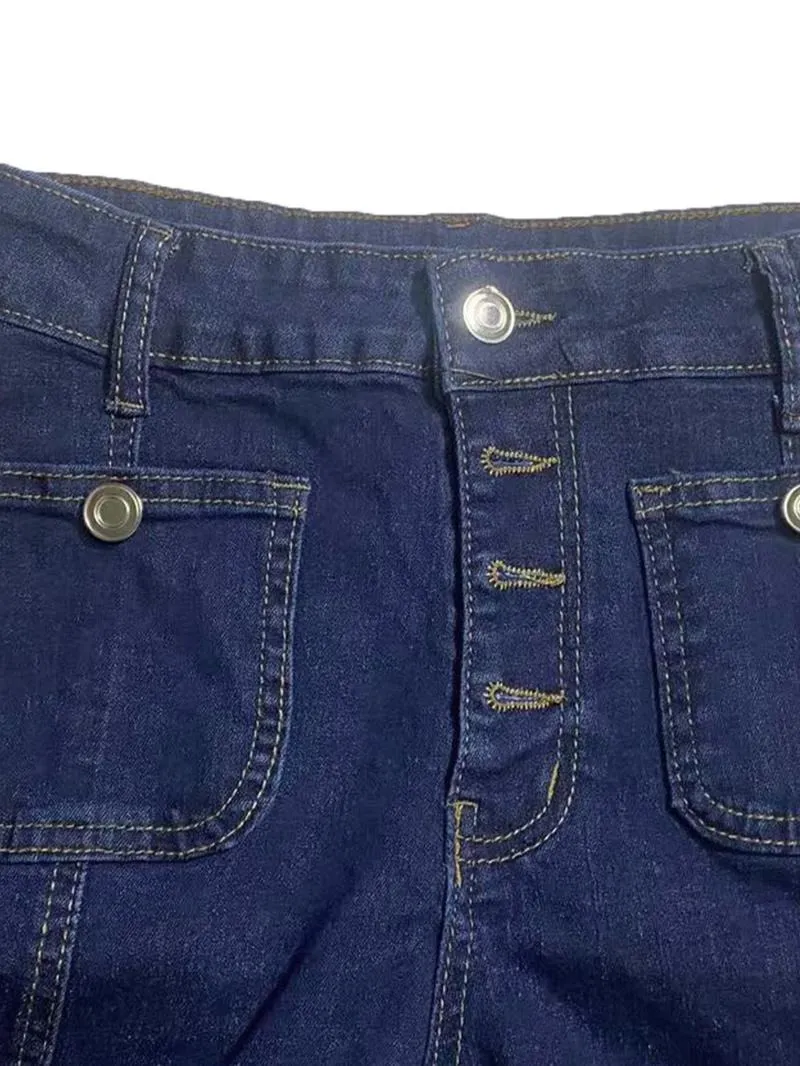 Women's Plain Flare Leg Jeans with Button & Pockets , Casual Bell Bottom Trousers for Daily Wear