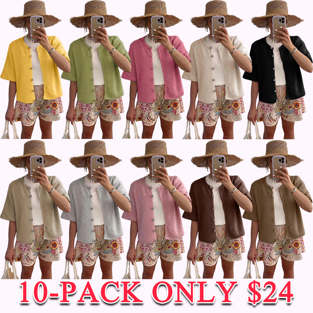 Women's Short Sleeve Ribbed Cardigan Lightweight Breathable Button Down Layering Cover Up
