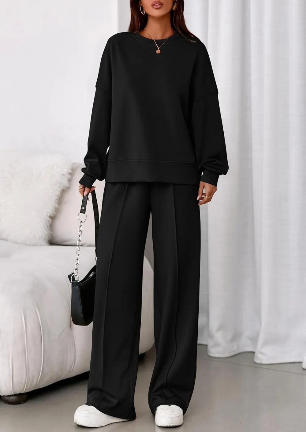 2 Piece Sets For Women Fall Trendy Long Sleeve Sweatshirt Wide Leg Pants Loungewear