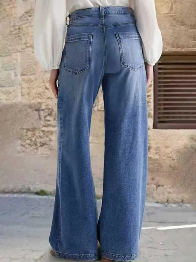 Women's Denim Wide Leg Pants with Pocket Patches, Casual Loose Fit Jeans for Daily Wear