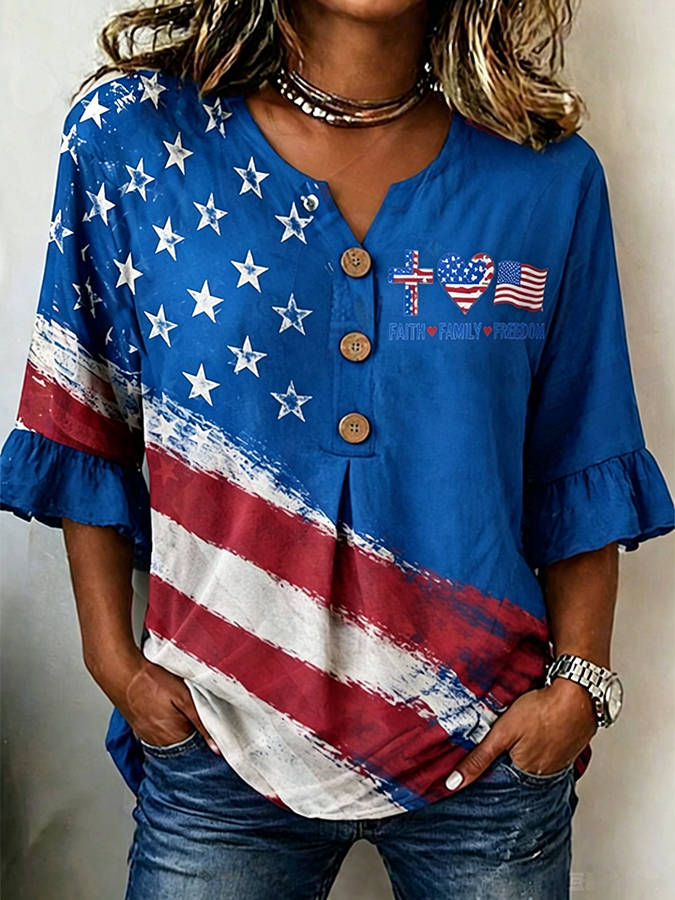 Women's Faith Family Freedom Flag Cross Ruffle Sleeve Henley Blouse