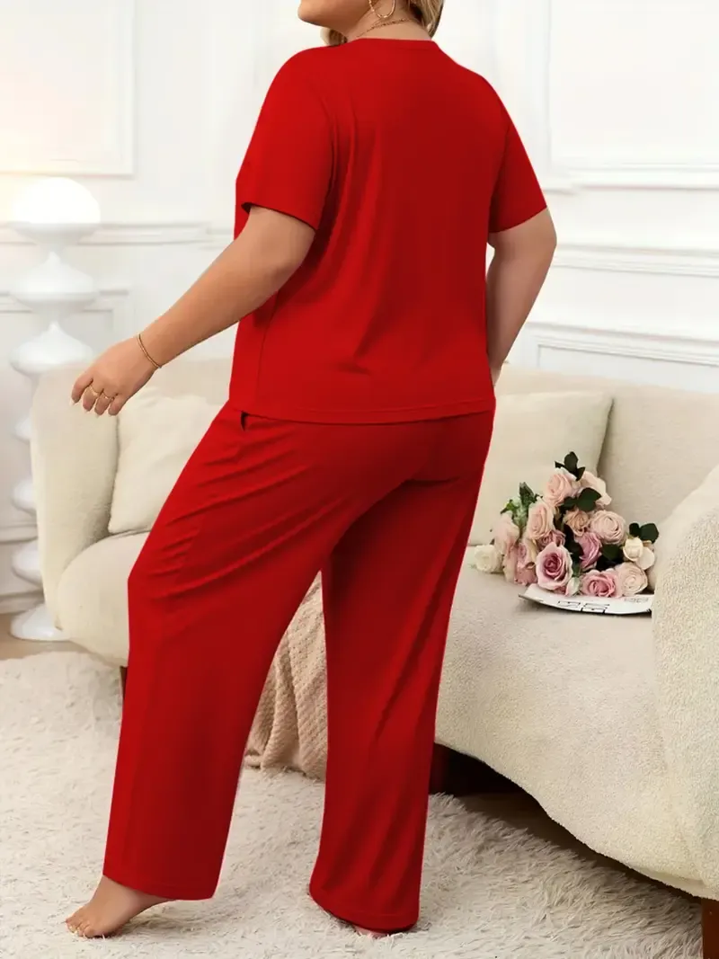 Plus-size women's spring/summer fashion printed round neck short-sleeved T-shirt and wide-leg pants two-piece set