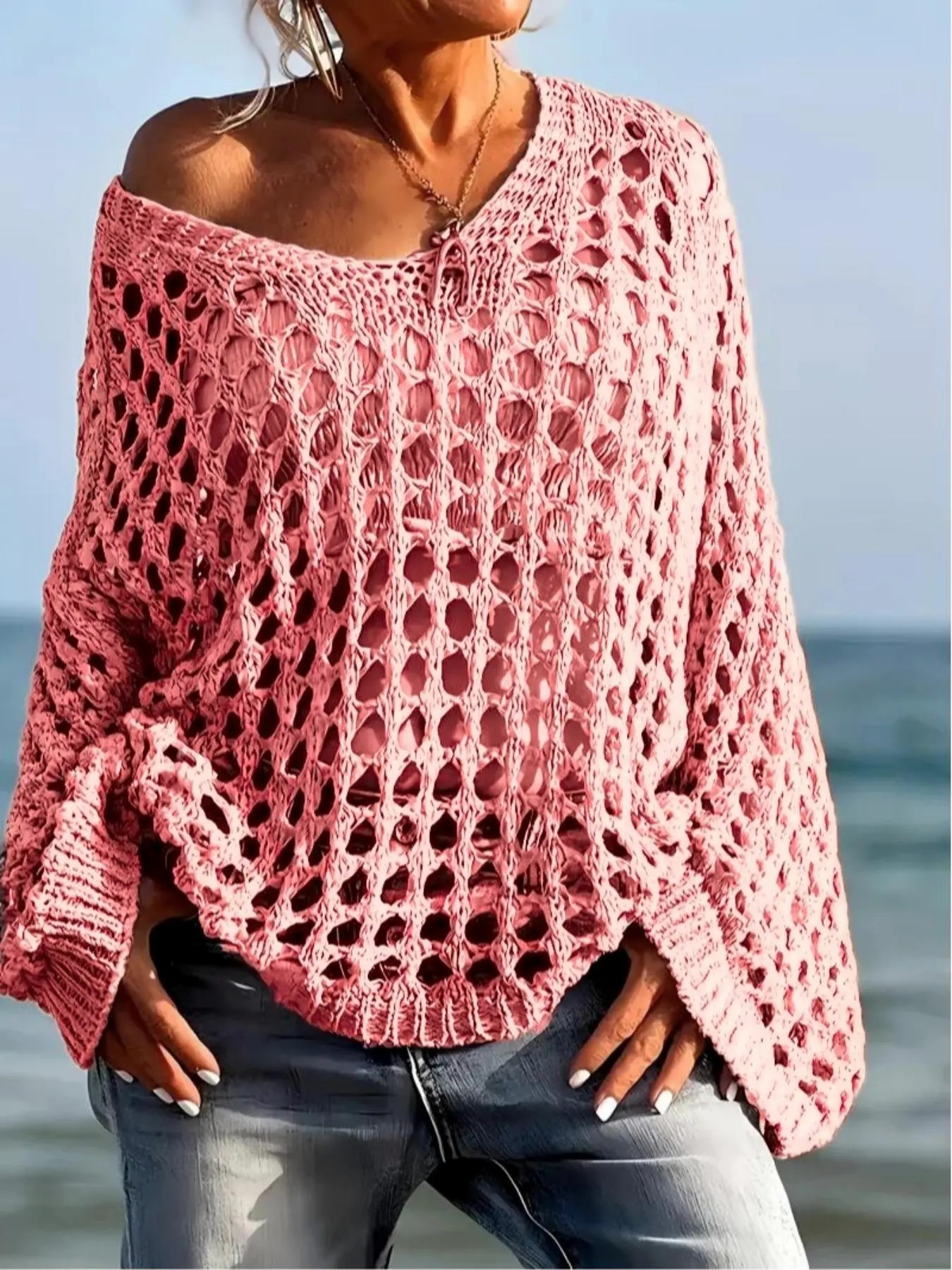 Women’s Casual Loose-Fit V-Neck Knit Top – Hollow Out Design, All-Season Wear
