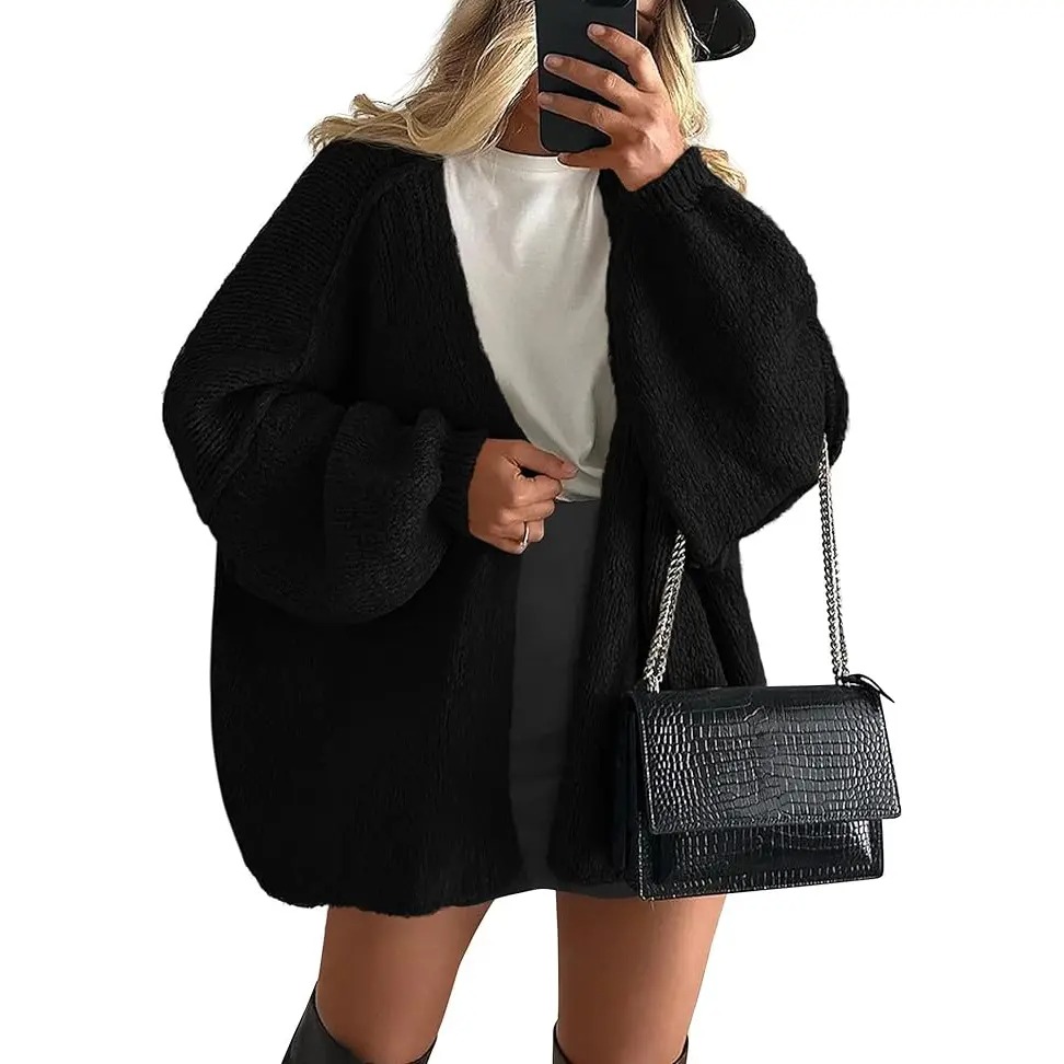 Women's Oversized Open-Front Cardigan – Long Lantern Sleeve Lightweight Knit