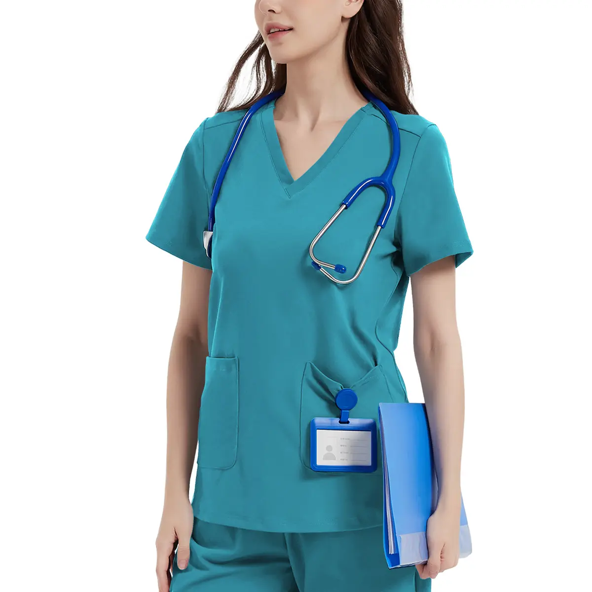 Women's Yoga-Style Medical Top — V-Neck, Double Pockets, Soft, Comfortable, and High-Stretch
