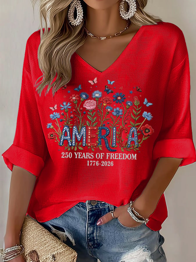 Women's casual retro 250th anniversary waffle-knit long-sleeved T-shirt
