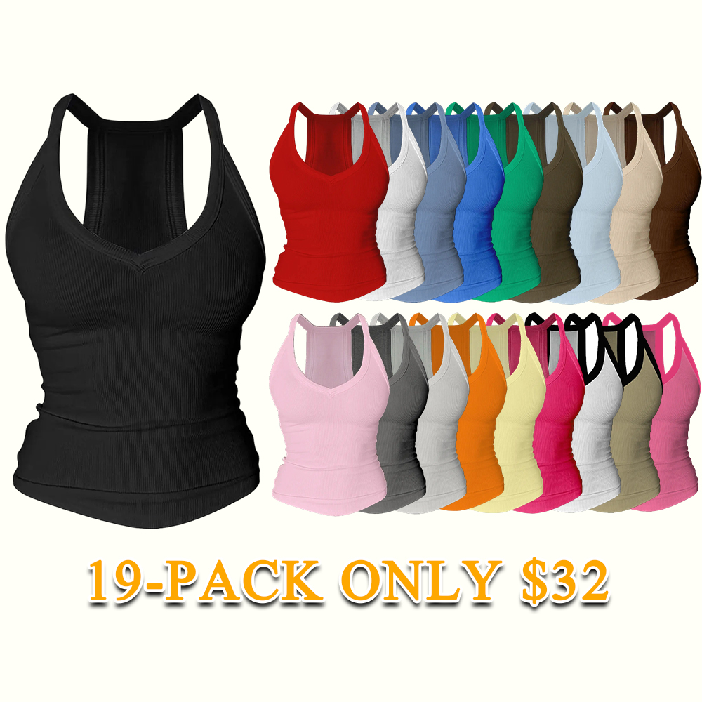 Women's V-Neck Racerback Cotton Tank Top Fitted Cami with Built-In Shelf Bra Basic Sleeveless Shirt