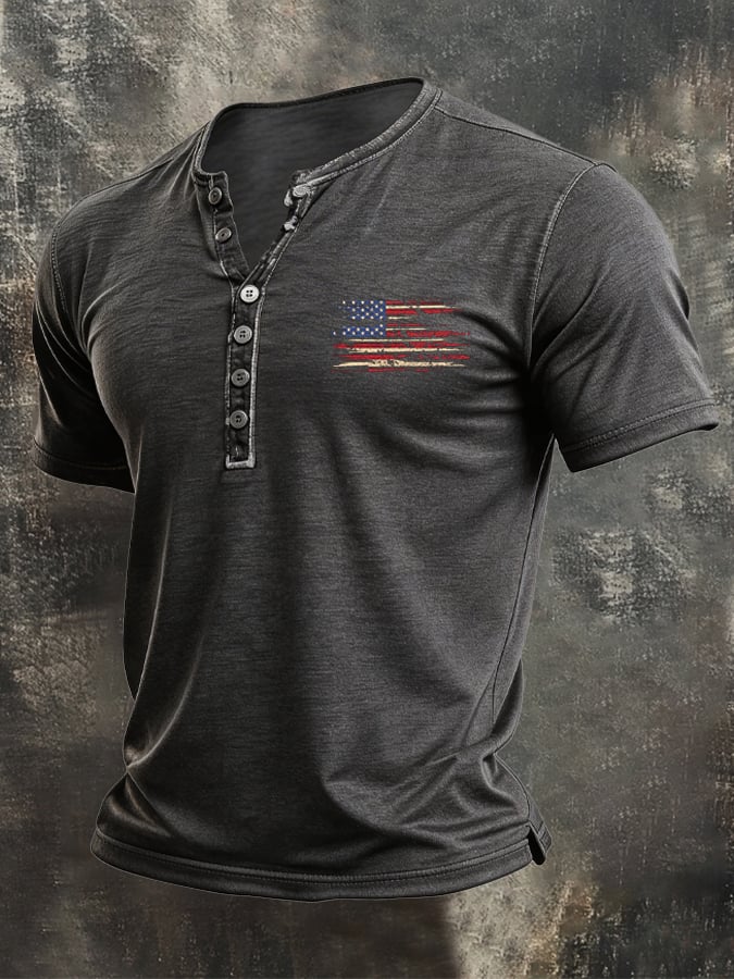 Men's Vintage Slub Cotton 100% Pure Cotton Stretch Short-Sleeve Henley T-Shirt