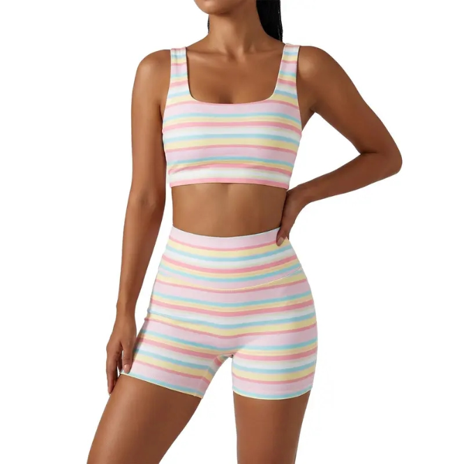 Women’s Rainbow Stripe 2 Piece Workout Set Sleeveless Crop Tank Top High Waist Biker Shorts Matching Lounge Outfit