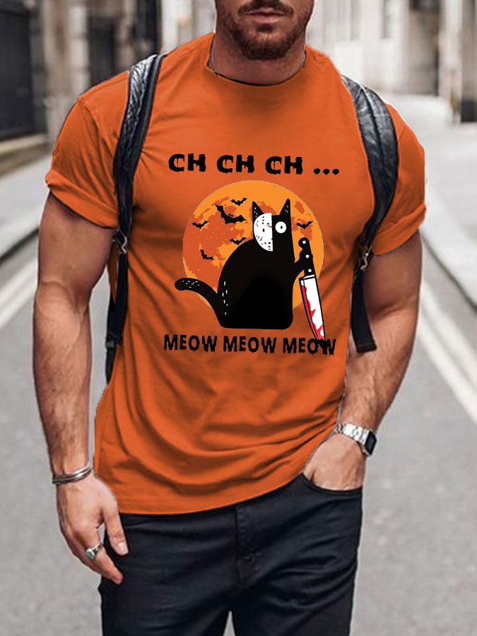 Men's Halloween Artistic Cat Print Short Sleeve T-shirt