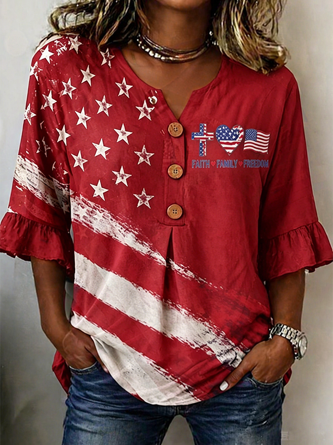 Women's Faith Family Freedom Flag Cross Ruffle Sleeve Henley Blouse