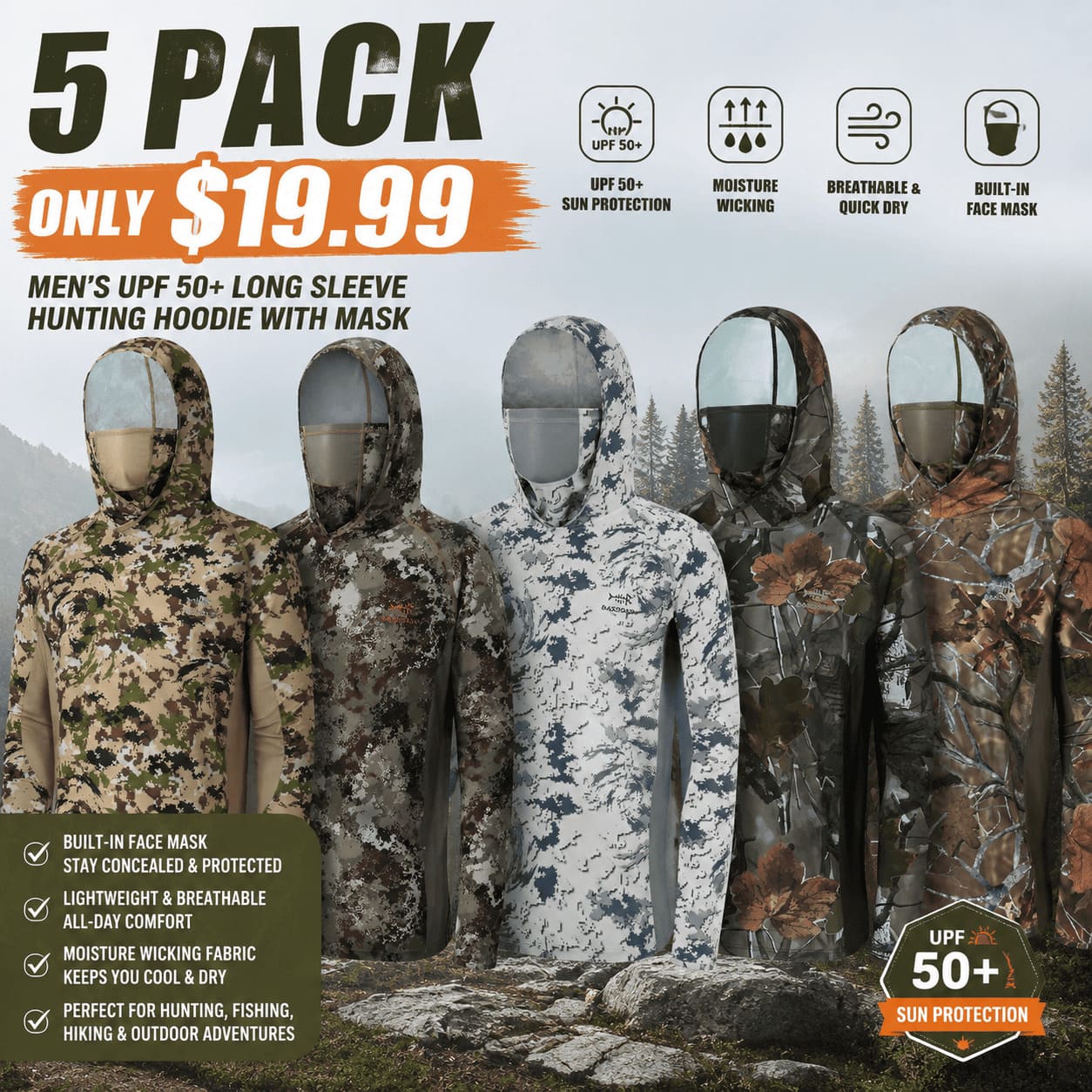 Men’s UPF 50+ Long Sleeve Fishing Hoodie with UV Neck Gaiter