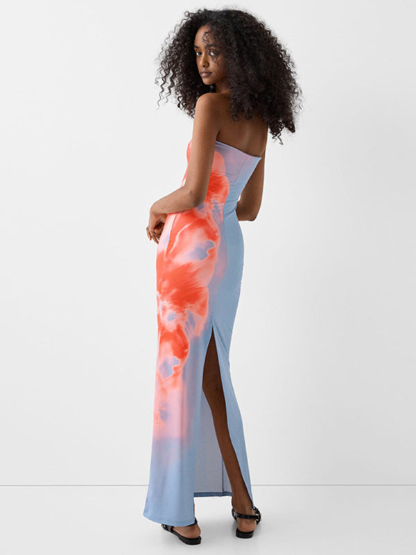 Contrast Print Bodycon Tube Dress With Slits