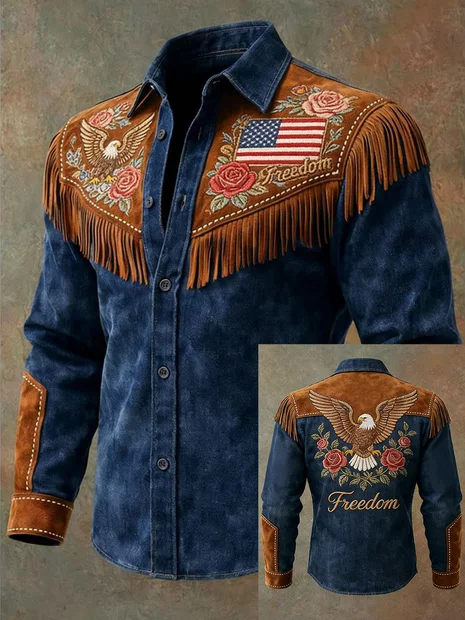 Denim Tassel Floral And Eagle Print Casual Top