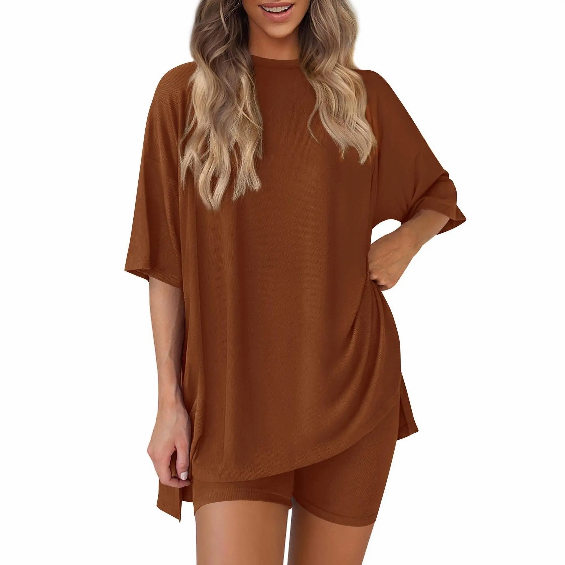 Crewneck Two-Piece Set For Women Summer Casual Oversized Split Hem Shirts & Side Pocket Biker Shorts