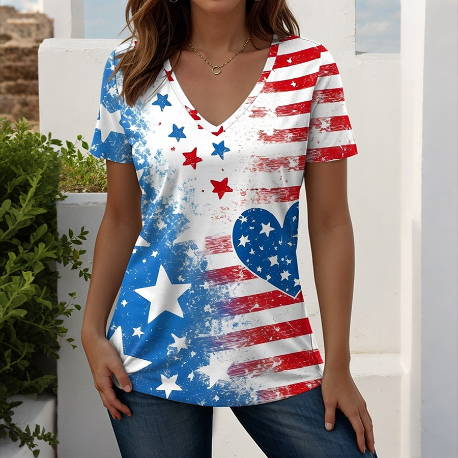 Women'S Casual American Flag Contrasting Print V-Neck T-Shirt