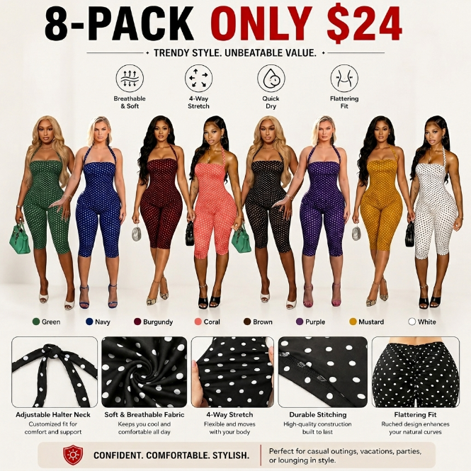 Women's Polka Dot Sleeveless Halter Bodycon Fit Long Pants, Elegant Retro Chic Style