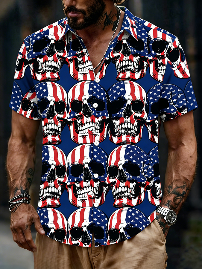 Men's American Flag Skull Full Print Short Sleeve Button Up Shirt