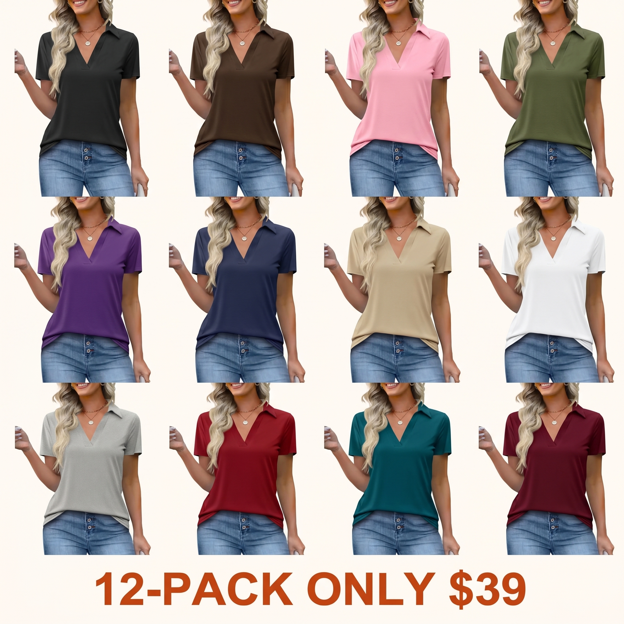 Women's Short-Sleeve Slim-Fit Simple Lightweight Polyester V-Neck Collared Polo Shirt