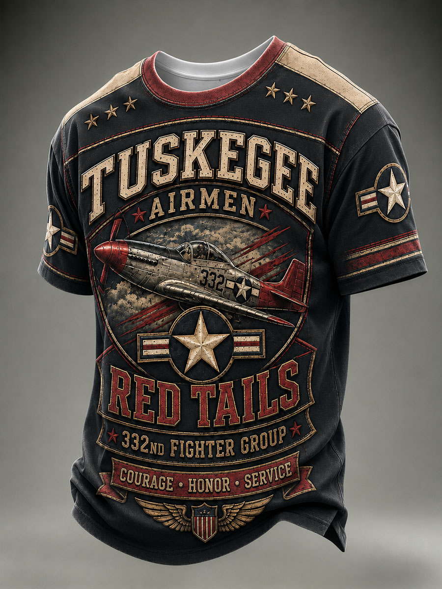 Tuskegee Airmen Red Tails Men’s Vintage Fighter Plane Tribute T-Shirt