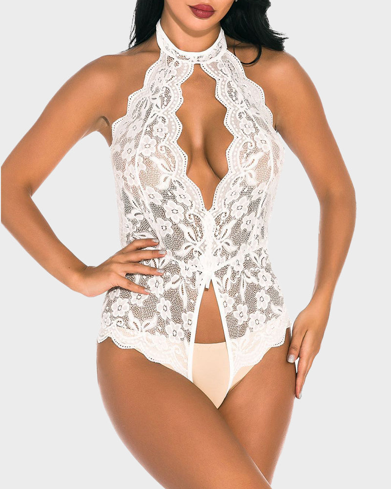 Deep V Halter Lace Teddy Bodysuit
