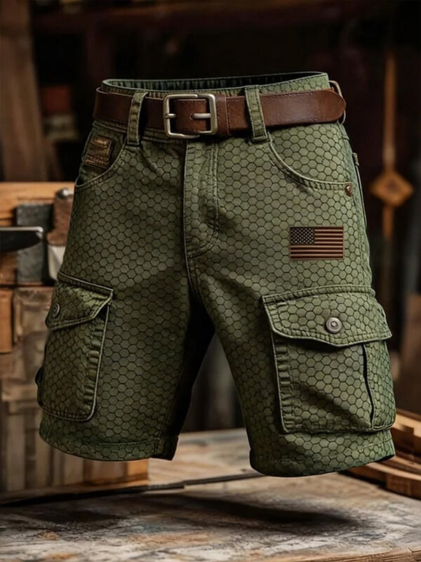 Men's American Flag Hexagon Print Denim-Like Cargo Shorts